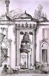 Entrada na Mesquita do Bayazid II, em Constantinopla, de "Arte e Indústria", publicado por Delatre, Paris