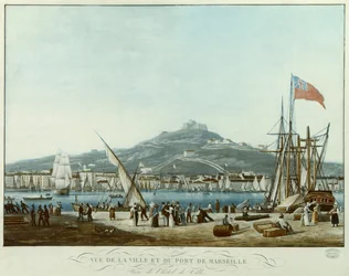 Vista da cidade e porto de Marselha da Câmara Municipal, c.1815-30 (aquatint)
