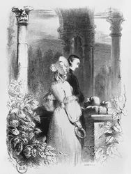 Visitando o túmulo de Heloise e Abelardo, ilustração de &39;Lettres d&39;Heloise et d&39;Abard&39;, gravada por John Quartley (fl.1835-67) 1839