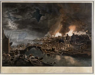 Granville em chamas sitiada pelos Vendéans, baseada na pintura de J. François Hue, c. 1800.