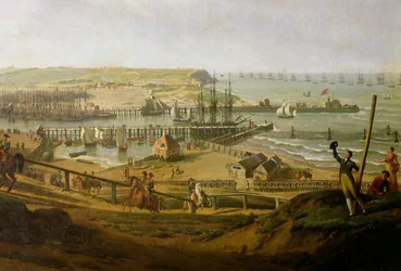 Napoleão visitando o acampamento em Boulogne em julho de 1804, detalhe do porto, 1806