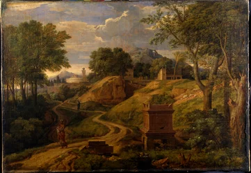 Paisagem clássica com uma mulher carregando uma criança, c.1650-75 (óleo sobre tela)