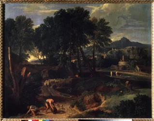 "Paisagem com um rebanho de ovelhas na estrada" Pintura de Jean Francois Millet, o Ancião (1642-1679) Museu Pushkin do século XVII, Moscovo