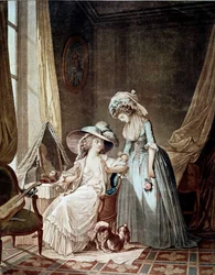 A difícil confissão. Uma criada a ouvir a sua amante. Impressão de Jean Francois Janinet (1752-1814)