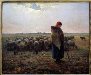 Bergere e as suas ovelhas chamavam o grande pastor. Pintura de Jean Francois Millet (1814-1875)