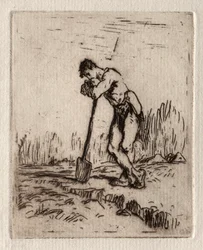 Homem apoiando-se em uma pá