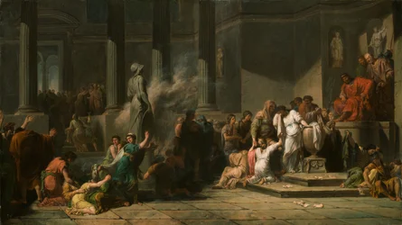 Meninas atenienses desenham lotes para determinar que sete entre elas serão enviadas a Creta para Sacrifício ao Minotauro (óleo sobre tela)