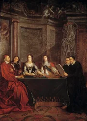 O conselho de consciência: São Vicente de Paulo, chefe do conselho de consciência lendo diante do Cardeal Jules Mazarin (Giulio Raimondo Mazzarino ou Mazarino) (1602-1661), Pierre Seguier (1588-1672), Rainha Ana da Áustria (1601-1666) e Luís XIV (1638)