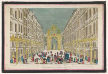 Vista da decoração da Rue de la Feronnerie em Paris, por ocasião da restauração de Luís XV, Rei de França, em 1745
Vue perspective des illuminations de la Ruë de la Feronnerie du côté de la Ruë St. Denis a Paris (...) (título em o