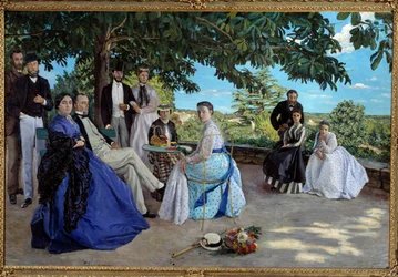 Reunião de família: retrato de uma família burguesa francesa reunida num jardim. Da esquerda para a direita: Jean Frederic Bazille, o seu tio Monsieur des Hours, a sua mãe e o seu pai, a sua prima Pauline e o marido dela, Monsieur Teulon, a sua tia Madame