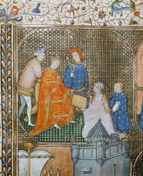 O historiador Froissart, de joelhos e em trajes clericais, apresenta as suas Crónicas da Guerra dos Cem Anos a Eduardo III ...