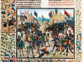 A batalha de Crécy: Eduardo, o Príncipe Negro, comandando o exército inglês, incluindo arqueiros de arco longo, contra as fortes tropas francesas