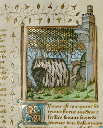 O corpo de João III da Bretanha é levado para a cidade de Ploermel, num carro funerário coberto de arminho e acompanhado por guardas armados ...