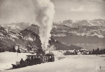 Rigi Kaltbad, trem de esportes de inverno do Vitznau Rigi Bahn (foto p/b)