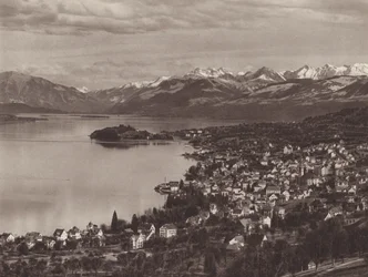 Suíça: O Lago de Zurique, Horgen, a Au e os Alpes (foto a p/b)