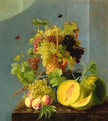 Ainda vida com cesta de uvas e melões, 1815 (óleo em cobre)