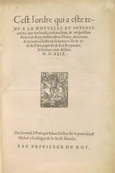 [Entrada de Henrique II] Esta é a ordem que foi realizada na nova e alegre entrada que muito alto, muito excelente e muito poderoso Príncipe le Roy treschrestien Henrique segundo deste nome fez em sua boa cidade e cidade de Paris. ..