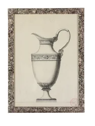Design para um jarro com uma alça de máscara grega (chumbo preto, caneta e tinta preta, lavagem cinza e preta no papel)