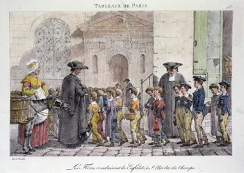 Ancien metier de rue em Paris: les freres driving the children to Saint Nicolas des Champs (Saint-Nicolas-des-Champs), Ecole catholique - Gravura de Jean Henry Marlet (1771-1847) em "Les Tableaux de Paris", série de 72 gravuras, final do século XIX