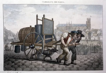 Antigo métier de rua em Paris: banho em casa (dois homens puxam um carrinho com um barril cheio de água). Gravura de Jean Henry Marlet (1771-1847) em "Les Tableaux de Paris", série de 72 gravuras, final do século XIX.