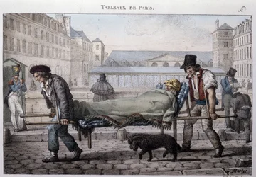 Antigo métier de rua em Paris: o pobre paciente vai para o hospital junto às macas. Gravura de Jean Henry Marlet (1771-1847) em "Les Tableaux de Paris", série de 72 gravuras, final do século XIX.