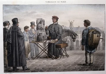 Antigo métier de rua em Paris: o mercador da morte do rato (camelot). Gravura de Jean Henry Marlet (1771-1847) em "Les Tableaux de Paris", série de 72 gravuras, finais do século XIX.