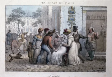 Antigo cenário de rua em Paris: o acidente (mulher apoiada por transeuntes). Gravura de Jean Henry Marlet (1771-1847) em "Les Tableaux de Paris", série de 72 gravuras, final do século XIX.