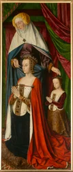 Anne de Beaujeu e sua filha Suzanne, com Sainte Anne, detalhe. Tríptico do mestre de Moulins