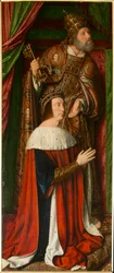 Pedro II de Bourbon com São Pedro, detalhe. Tríptico do mestre de Moulins