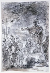 Cena de "Orlando Furioso" de Ariosto: Rodomonte e Mandricardo expõem o seu caso perante Agramante