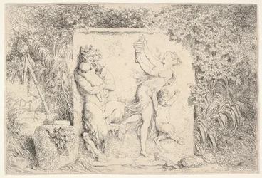 Um baixo-relevo representando um sátiro à esquerda segurando dois bebês, outra criança sátiro à direita ..., 1763.