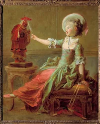 Uma rapariga diverte-se com uma estátua chinesa a puxar o cabelo. Pintura de Jean Honore Fragonard (1732-1806) Coleção particular do século XVIII