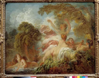 Banhistas. Grupo de jovens mulheres nuas a banhar-se. Pintura de Jean Honoré Fragonard (1732-1806), século XVIII. Sol. 0,64 x 0,8 m