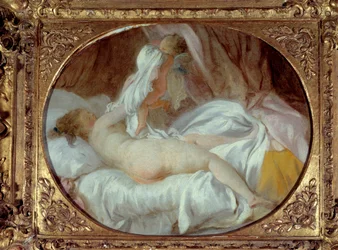 Erótica: «A camisa retirada». Uma jovem tira a camisa com a ajuda de um Cupido. Antes de 1778. 0,35 x 0,42 m.