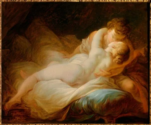 Erótica: «O momento do desejo» ou «Amantes felizes». Um casal a beijar-se numa cama. Pintura de Jean Honoré Fragonard (1732-1806), século XVIII. Colecção particular
