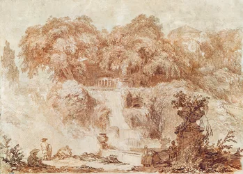 Jardins da Villa d&39;Este, a partir do pé da cachoeira (giz vermelho sobre papel)