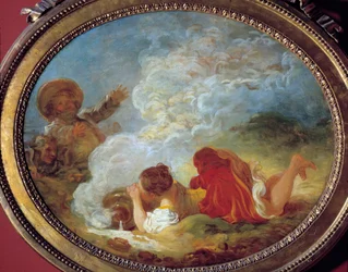 Perrette and the Milk Pot From the tale "La lait tiere et le pot au lait" de Jean de la Fontaine. Pintura de Jean Honore Fragonard (1732-1806) Musee Cognacq Jay do século XVIII
