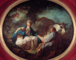 Descanso durante o vôo para o Egito A santa família descansando durante a viagem. Pintura de Jean Honore Fragonard (1732-1806) Colecção privada do século XVIII