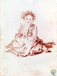 Pequena menina sentada no chão (giz vermelho sobre papel)