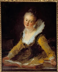 Estudar. Uma mulher tem o seu escritório a folhear livros para aprender. Pintura de Jean Honore Fragonard (1732-1806)