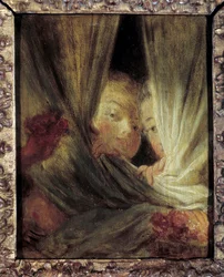 As duas meninas curiosas a espiar atrás das cortinas. Pintura de Jean-Honore Fragonard (1732-1806) Sol do século XVIII. 0,16x0,12 m.