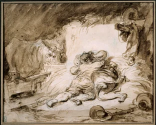 O estábulo Um casal abraça-se num palheiro. Desenho na lavagem por Jean Honore Fragonard (1732-1806) Paris. Musee Cognacq Jay