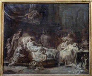 A Família da Vontade reuniu-se em torno de um homem velho com a agonia a ditar a sua vontade. Desenho de preparação de Jean Baptiste Fragonard (1732-1806) Reims do século XVIII, Musee des Beaux Arts