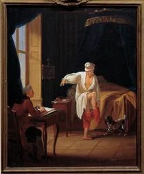 O escritor e filósofo Voltaire (1694-1778) tem a sua ascensão ditando ao seu secretário Collini a Ferney Painting de Jean Huber (1721-1786) Sol do século XVIII. 0,37 x 0,31 m Paris Musee Carnavalet