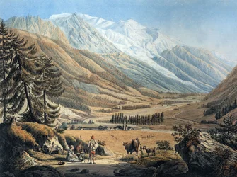 Vista do vale de Chamonix, a partir da aldeia de Argentiere, por Jean Daniel Huber durante uma viagem c. 1785 (gravura)
