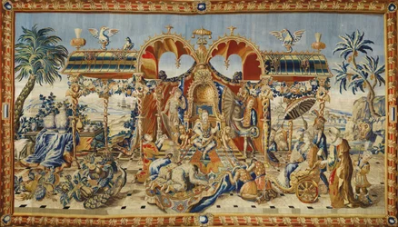 Audiência do imperador chinês. Tapeçaria de Jean II Barraband (ativo no século 18), lã de seda e fios de ouro e prata, por volta de 1715. Arte francesa