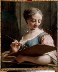 Alegoria da pintura Uma jovem mulher segurando uma paleta. Pintura de Jean Restout (1692-1768) Sol do século XVIII. 0,54x0,45 m São Quintino, Musee Lecuyer