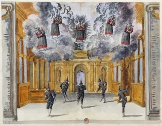Cenário de Jean Berain the Elder (1640-1711) para Le feste di Amore e di Bacco (As Celebrações do Amor e de Baco), ballet de Jean-Baptiste Lully (1632-1687), apresentado no Palais-Royal em Paris, 15 de novembro