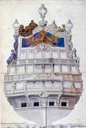 Decoração da popa do navio Le Soleil Royal" Watercolour de Jean I Berain (1640-1711) Sol. 0,6x0,4 m Paris, Musee du Louvre