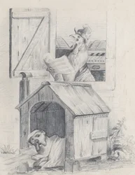 Cão na casota, galo a cantar à janela, cerca de 1842.